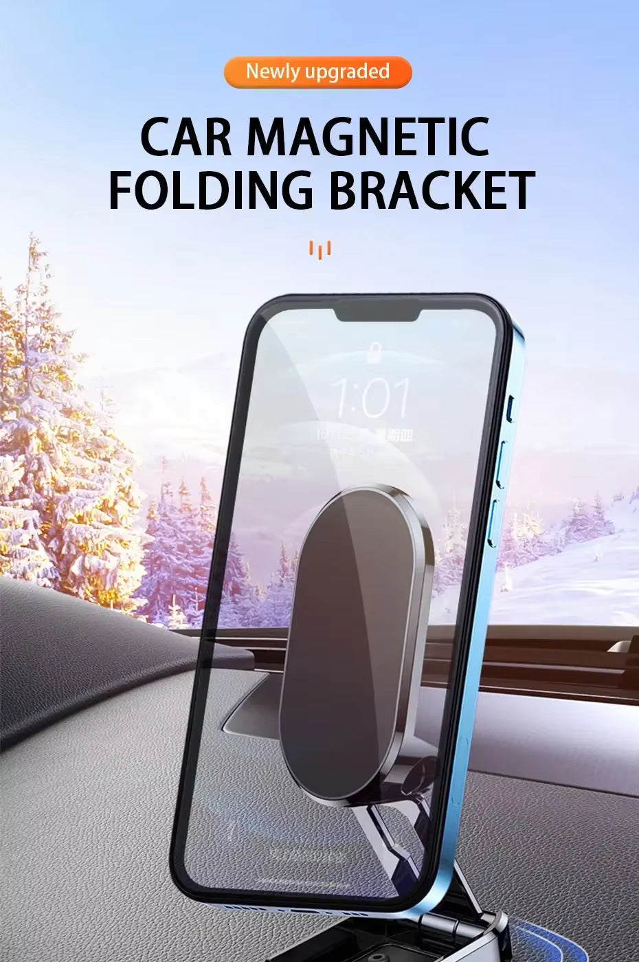 Car magnetic folding bracket holding a smartphone with a snowy landscape view through the car window.