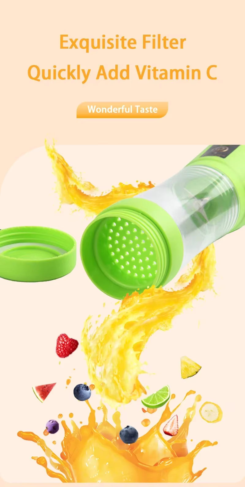 Green kitchen tool with a splash of orange juice and fruits on a light background