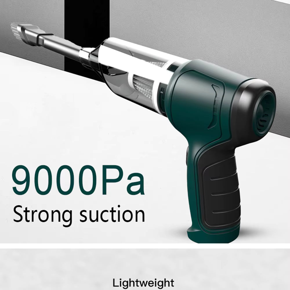 Handheld vacuum cleaner with 9000Pa suction rating on a gray background