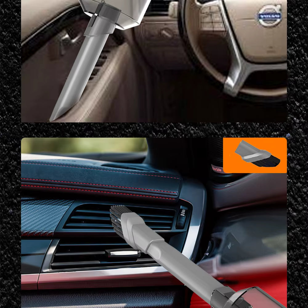 Car interior cleaning tool being used on a car dashboard with a Volvo logo.