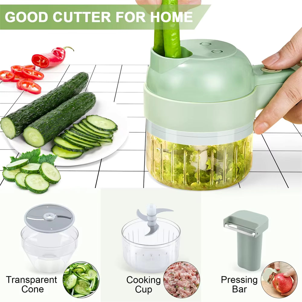 Vegetable chopper with sliced cucumbers and ingredients on a white background
