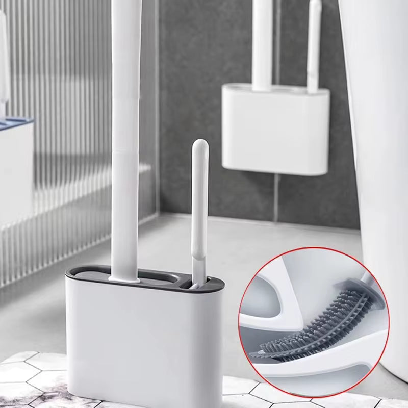 a picture of a wall mounted toilet brush with a close-up picture of the toilet brush end going into the toilet