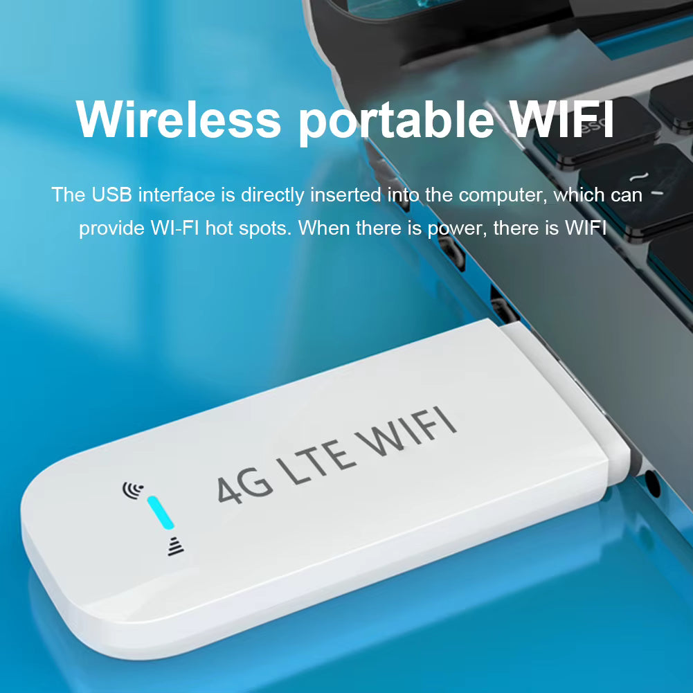 4G LTE WiFi adapter on a blue background with text about its functionality.