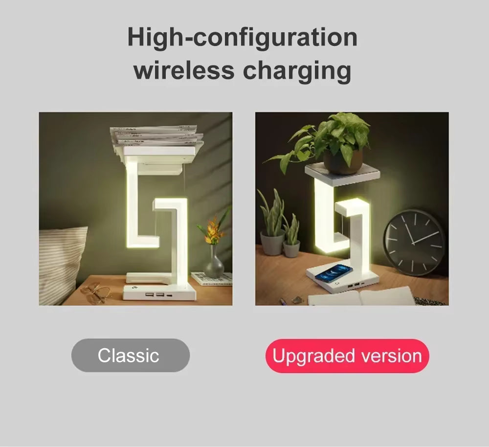 Two versions of a table lamp with wireless charging feature, labeled 'Classic' and 'Upgraded version'.