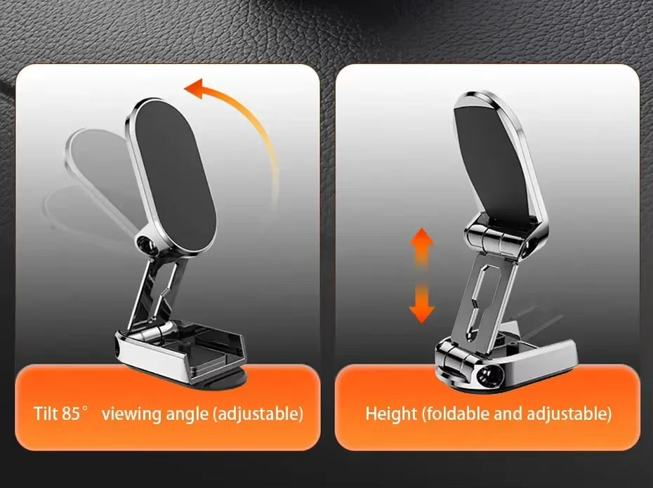 Adjustable phone holder with tilt and height features on a dark background