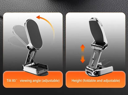 Adjustable phone holder with tilt and height features on a dark background