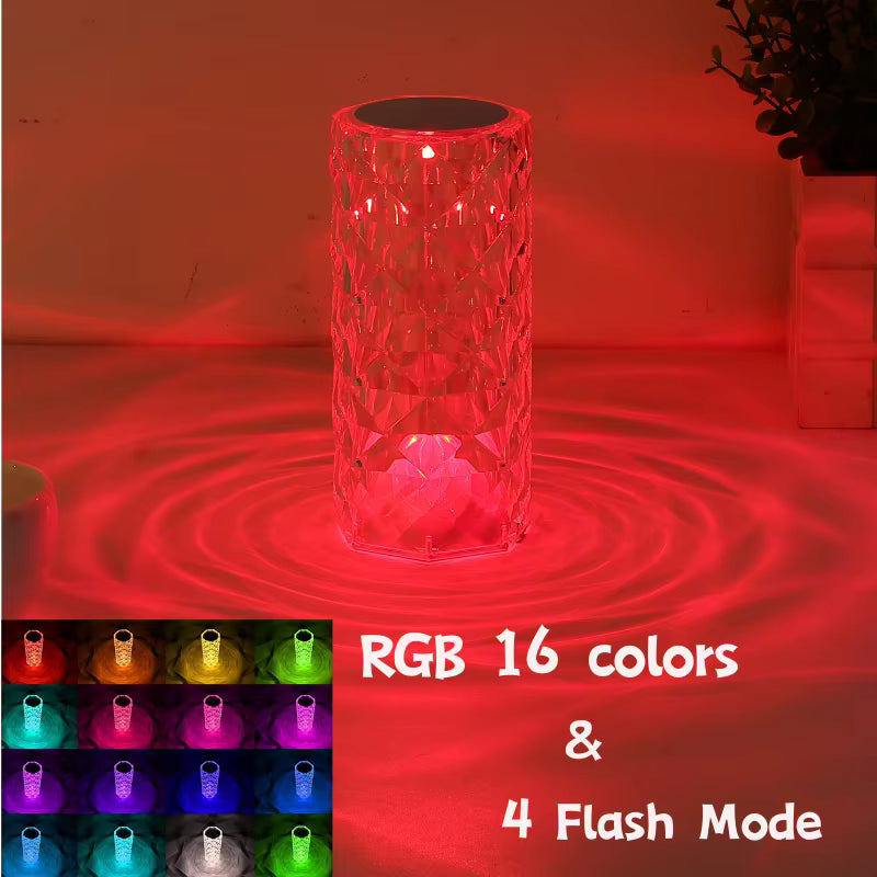 Color-changing LED lamp with textured design on a red background, featuring RGB color options and flash modes.
