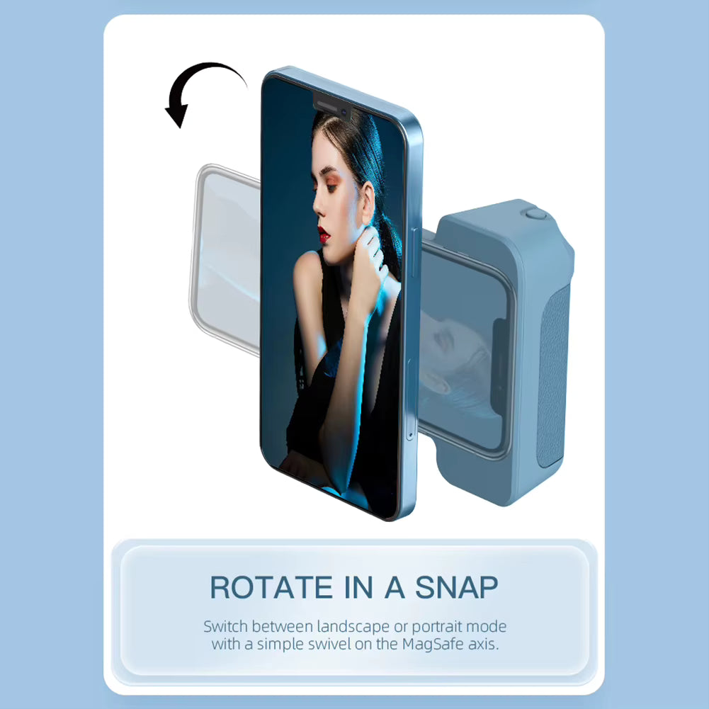 Smartphone with a screen displaying a woman's face, held by a stand on a light blue background.