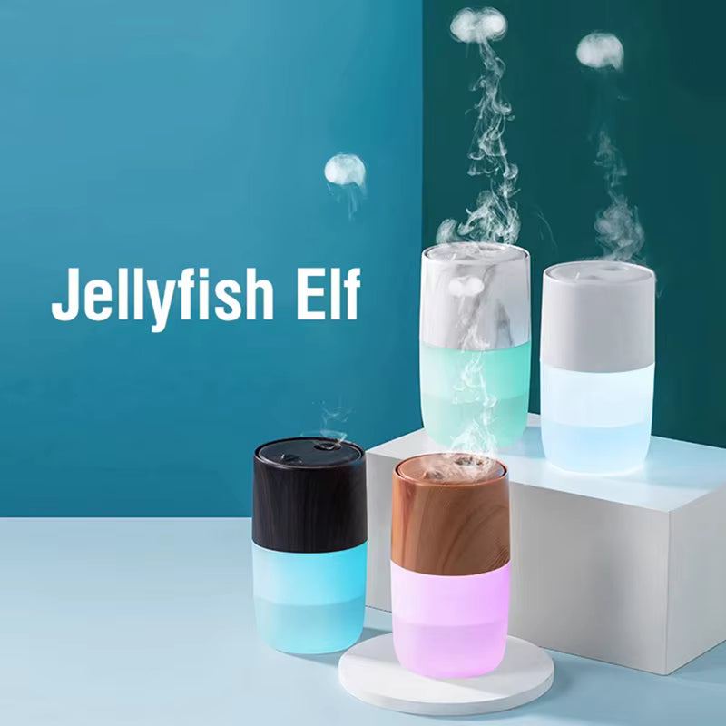 Three colorful diffusers with steam rising from them on a blue background, featuring the brand 'Jellyfish Elf'.