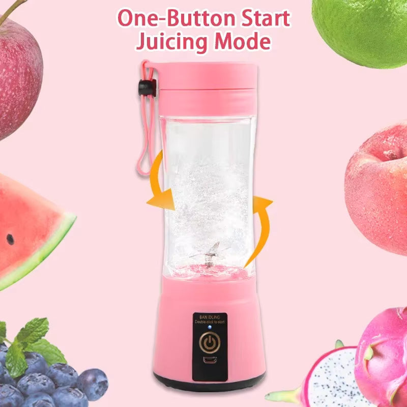 Pink portable blender with fruit illustrations on a pink background