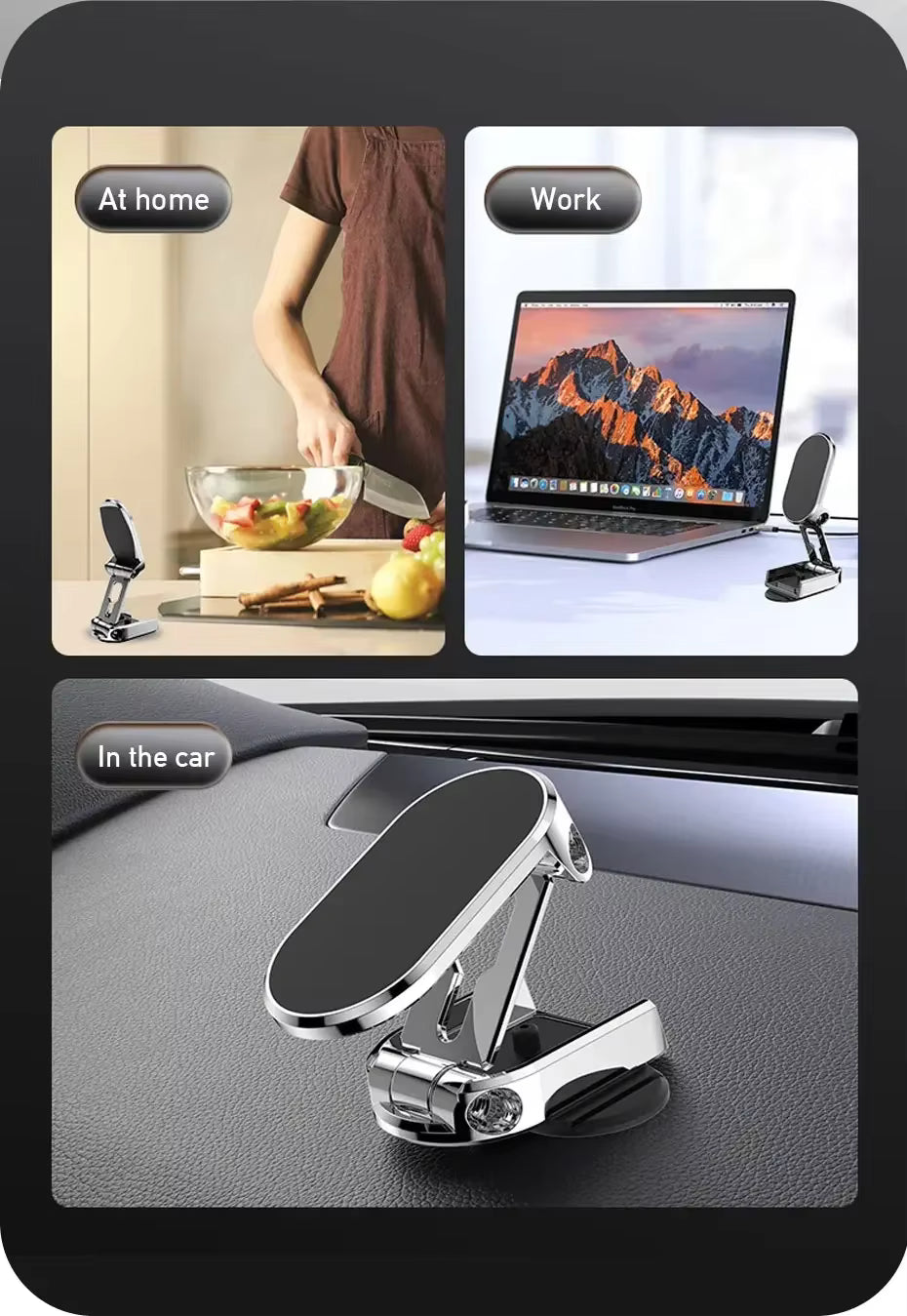 Phone holder on a car dashboard with a picture of a home above it