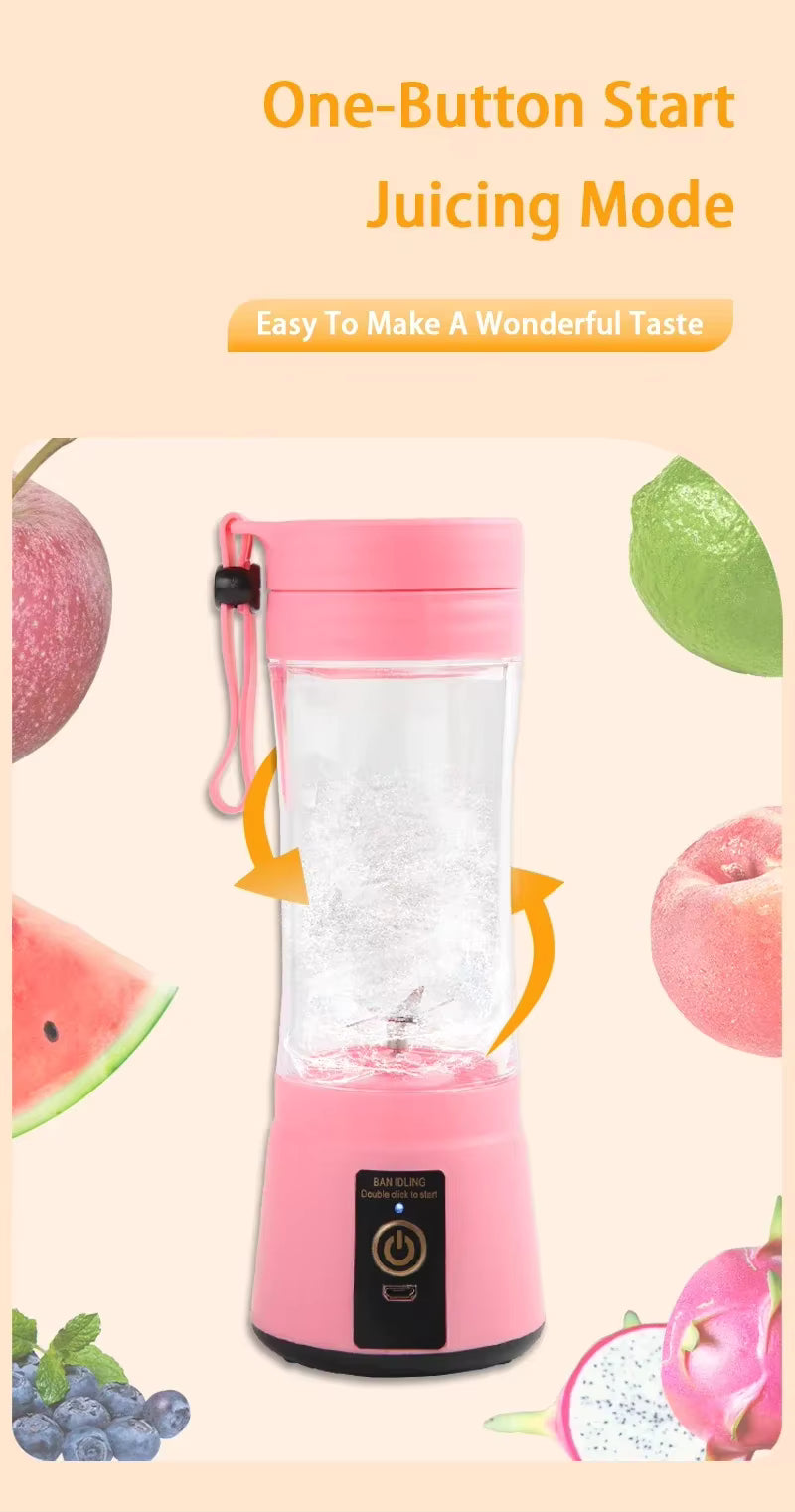 Pink portable blender with fruit illustrations on a light pink background