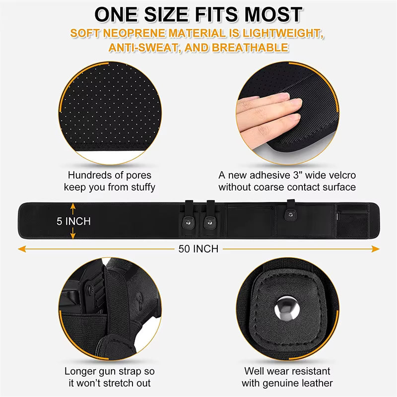 Product description of a black gun strap with features highlighted on a white background.