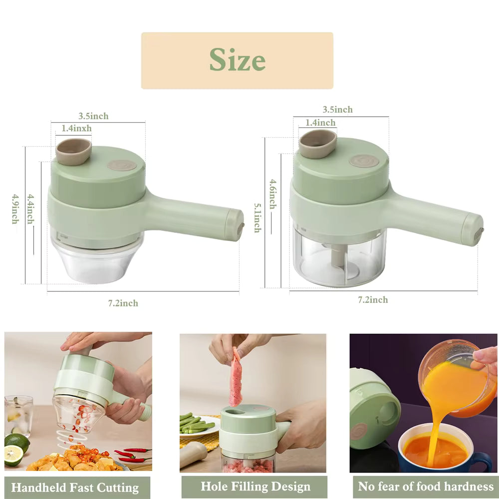 Green handheld food chopper with size measurements and usage examples on a white background