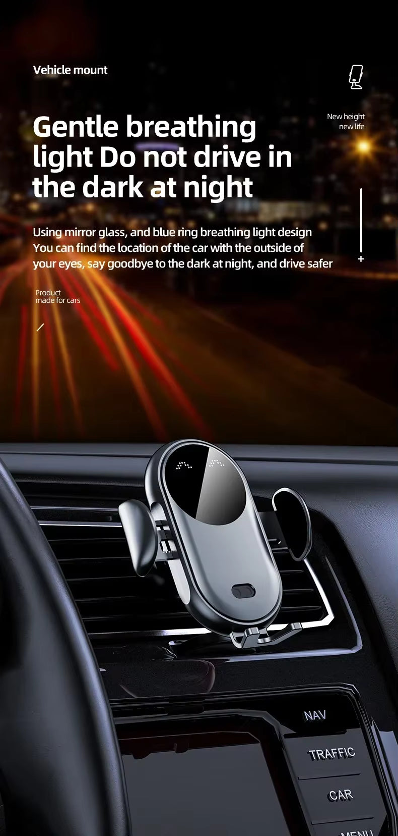 Car air vent phone mount with breathing light feature on a dark background