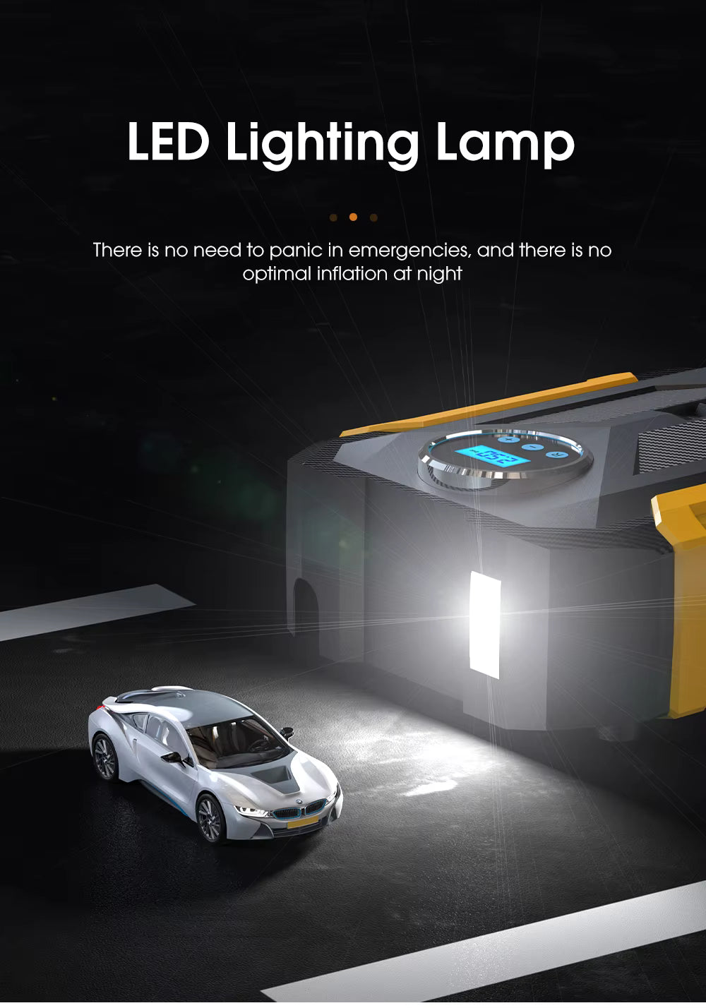 LED lighting lamp illuminating a car in a dark setting with text about emergency lighting.