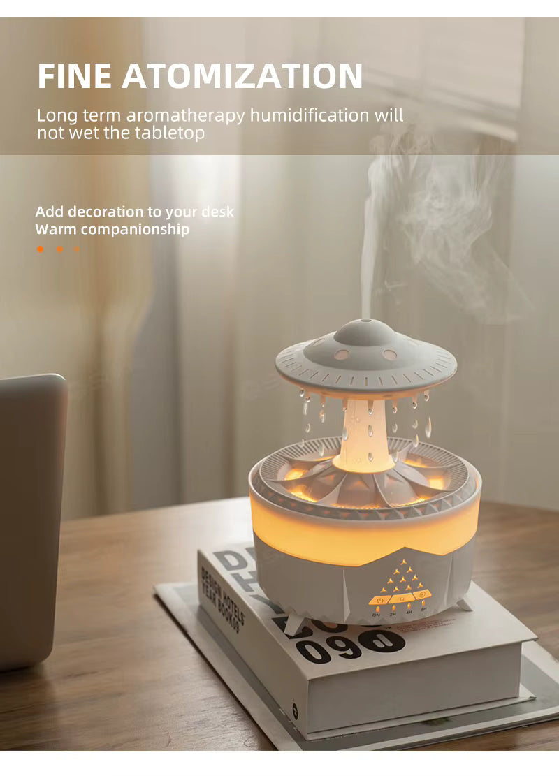Decorative humidifier on a table with text about atomization and humidification.