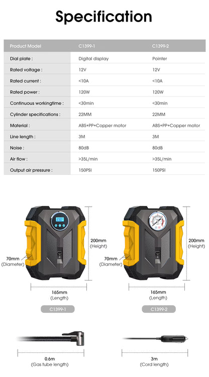 Technical specifications and features of two air compressors on a white background