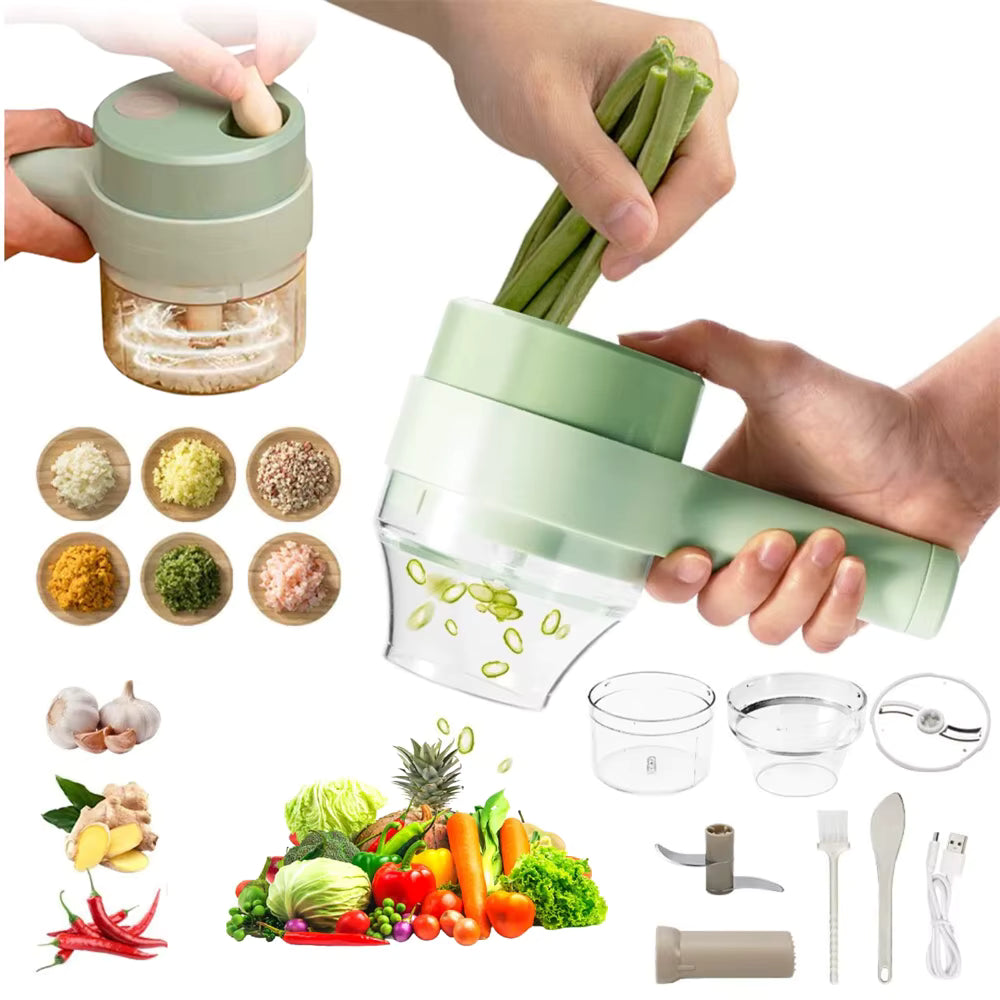 Vegetable chopper with accessories and ingredients on a white background