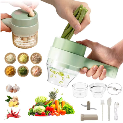 Vegetable chopper with accessories and ingredients on a white background