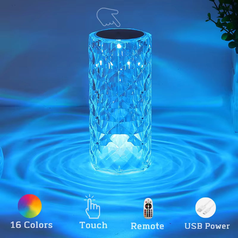 Blue LED lamp with water effect and control options on a blue background