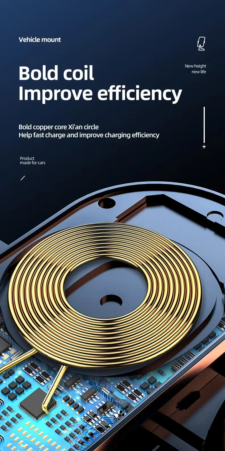 Gold coil on a circuit board with text about improving efficiency and vehicle mount.