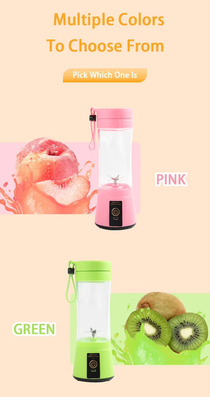 Pink and green portable blenders with fruit images on a peach background