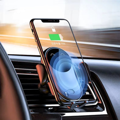 Smartphone with wireless charging case in a car's air vent.