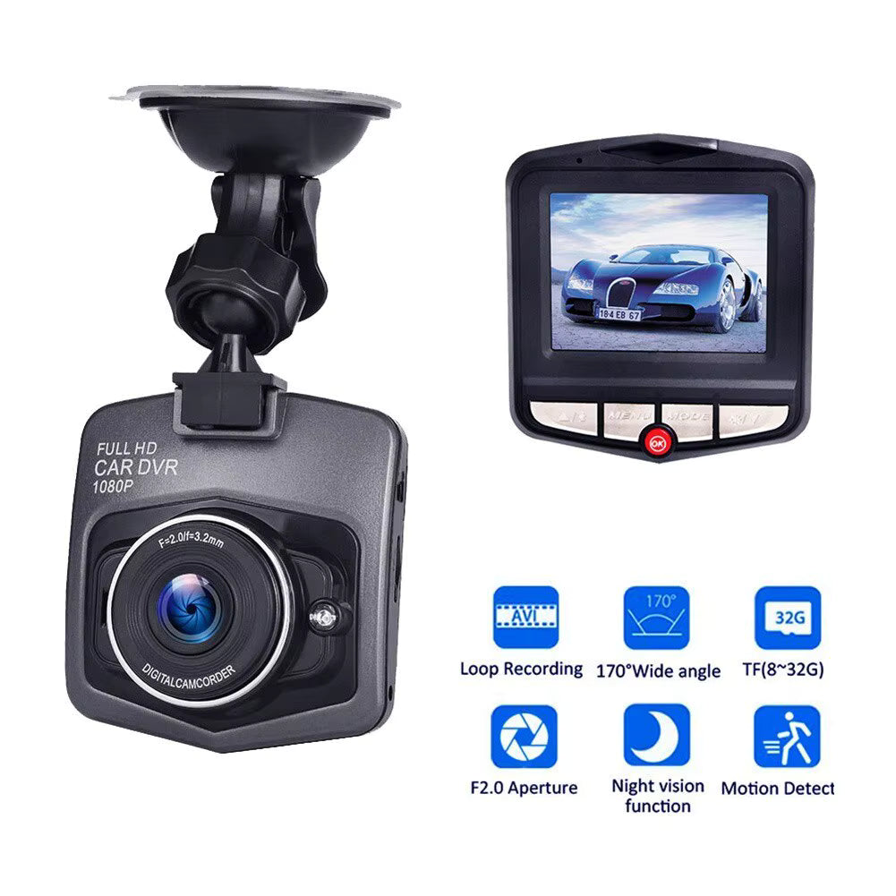 Car DVR with screen displaying a car, featuring various features on a white background.