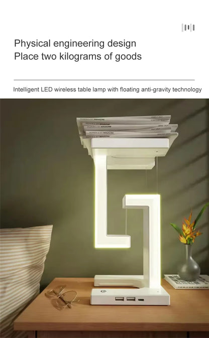 Intelligent LED wireless table lamp with floating anti-gravity technology on a wooden surface.