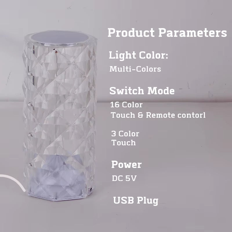 Crystal-like cylindrical light with product parameters on a gray background