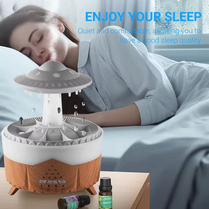 Person sleeping with a UFO-shaped diffuser on a bedside table, promoting relaxation and sleep.