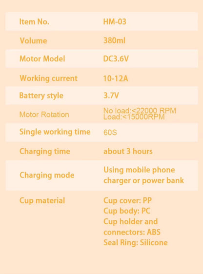 Product specifications table for a device with Item No. HM-03 on a beige background.