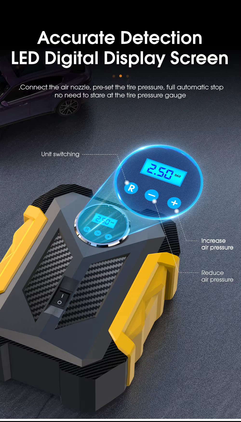 Digital tire inflator with LED display screen on a dark background