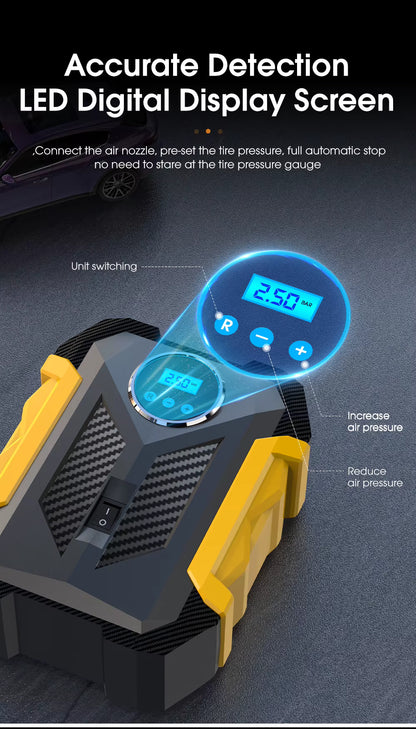 Digital tire inflator with LED display screen on a dark background