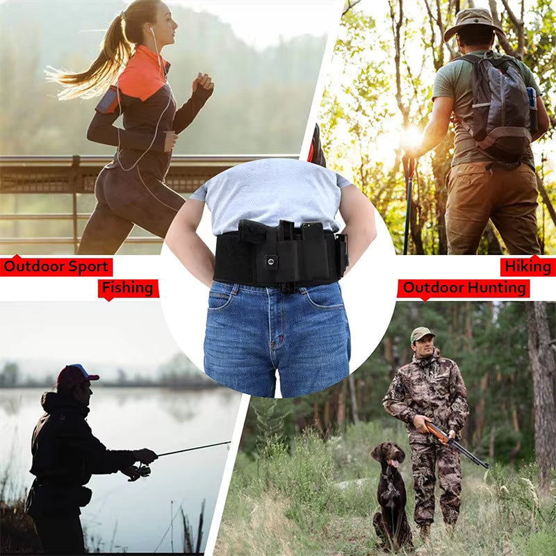 Collage of outdoor activities including running, fishing, and hiking with a focus on an outdoor belt.