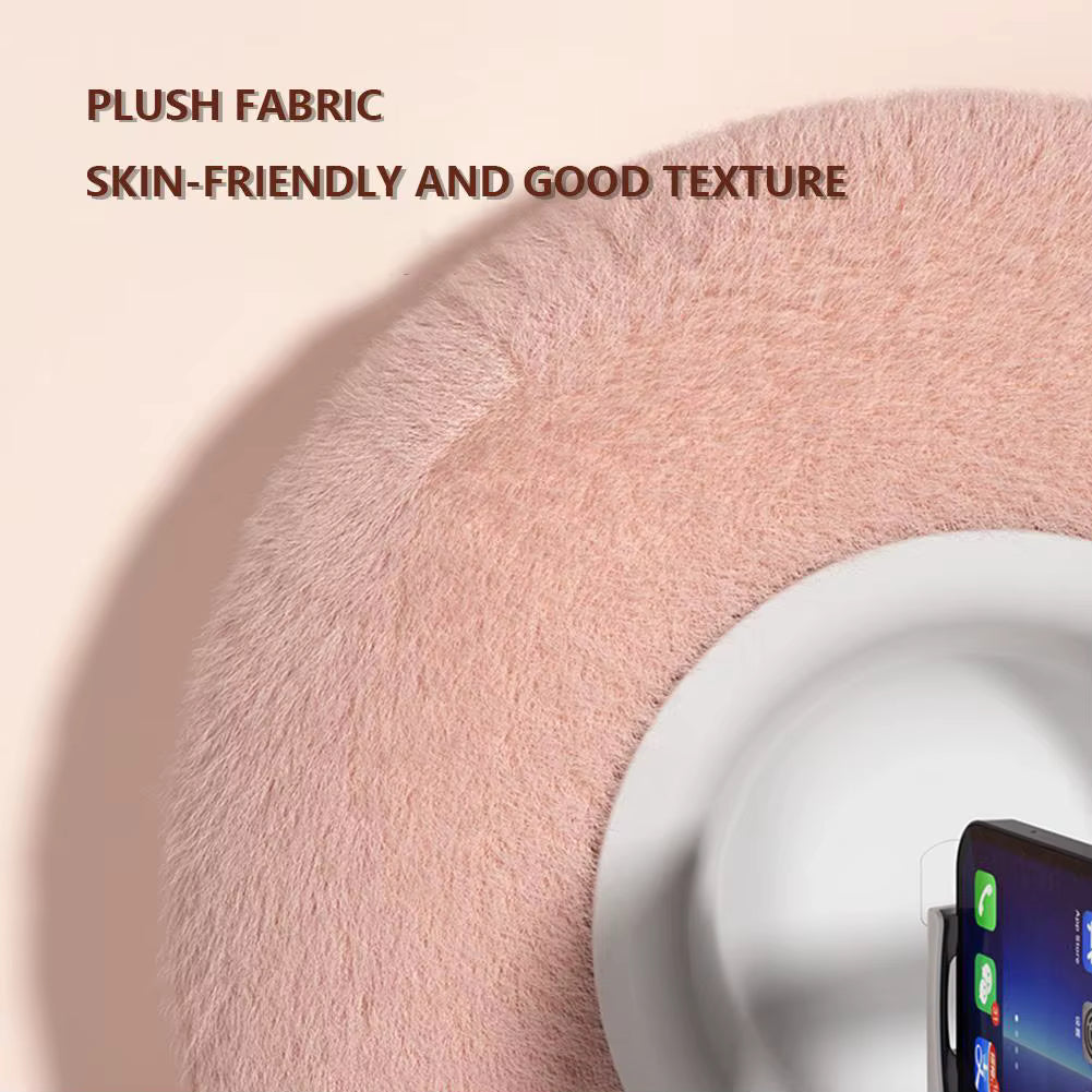Close-up of plush fabric with a phone on a white surface, text 'Plush Fabric, Skin-friendly and Good Texture'.
