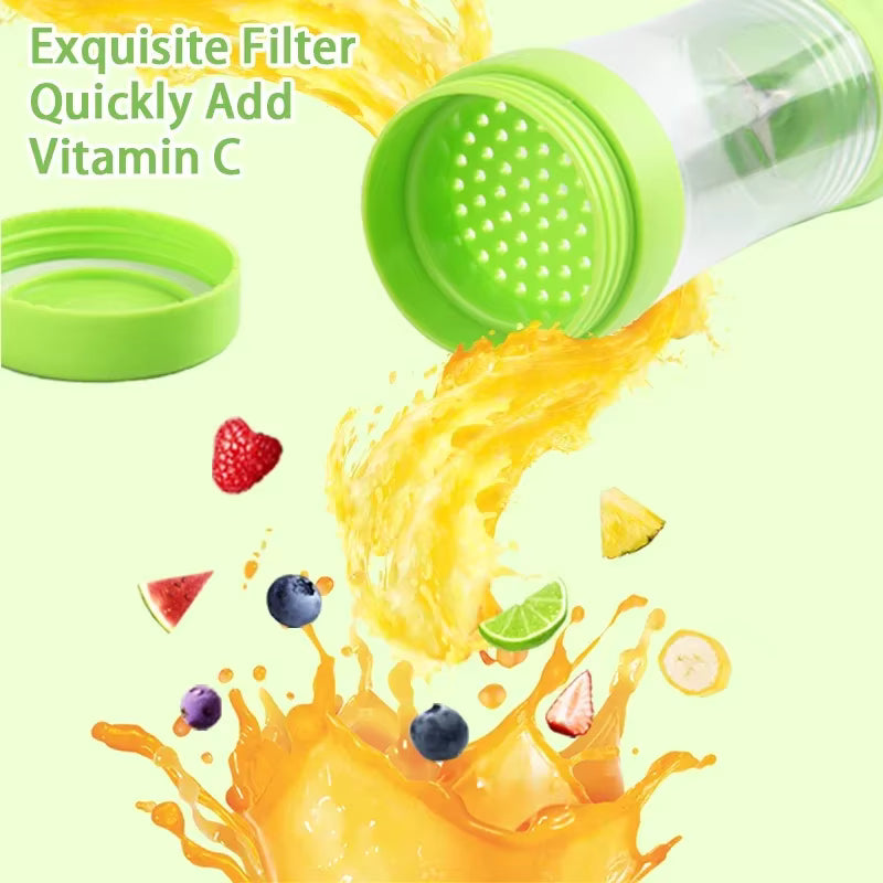Green shaker with vitamin C filter surrounded by fruits and juice splashes on a light green background