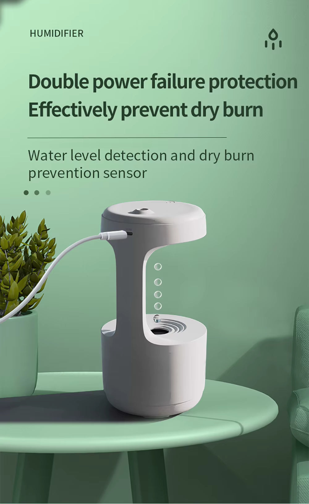 Humidifier with text on double power failure protection and water level detection on a green background