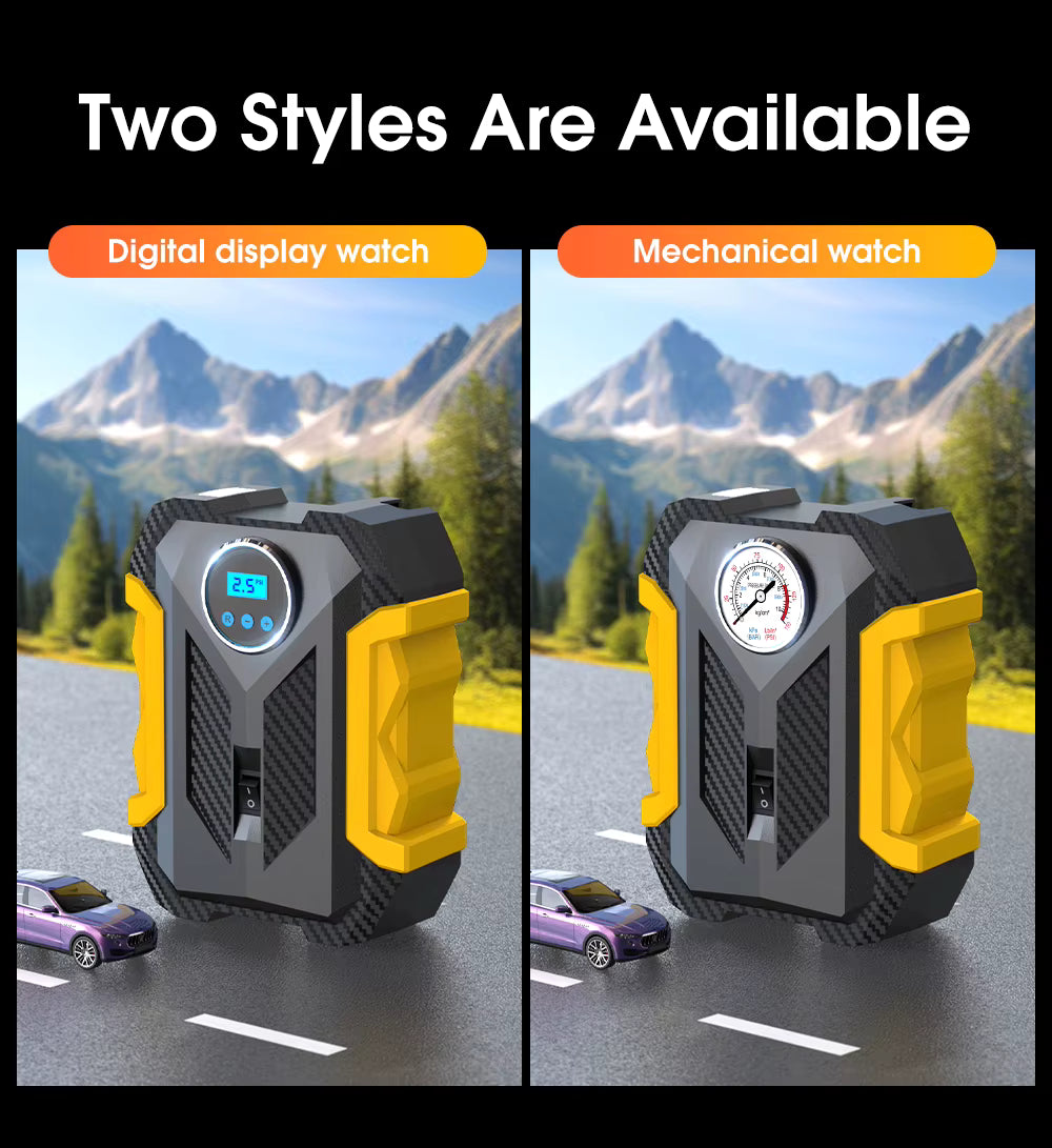 Two car air compressors with digital and mechanical display styles on a scenic background.