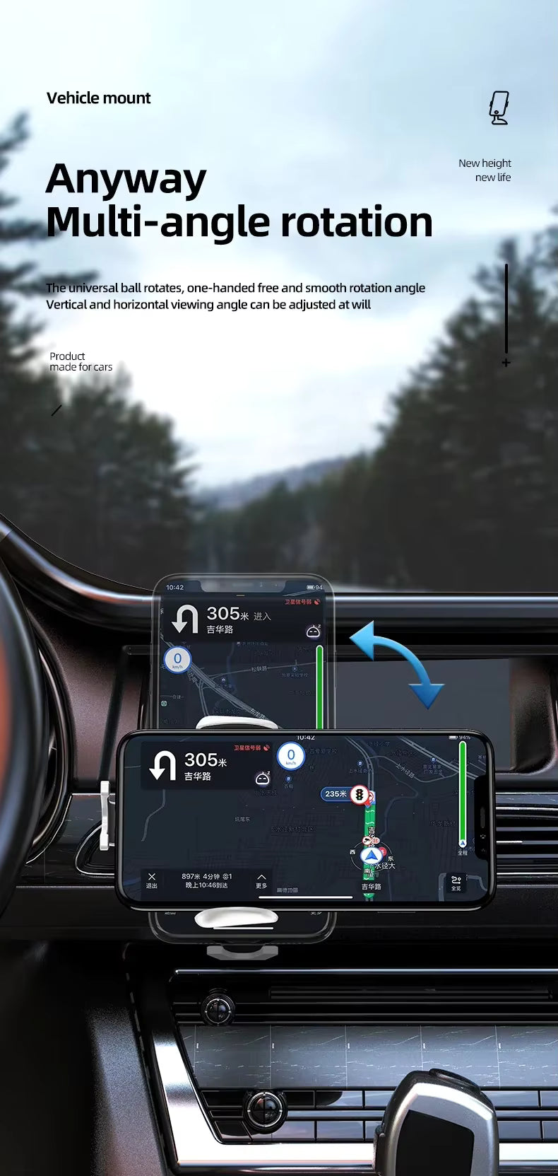 Car phone holder with multi-angle rotation feature on a car dashboard