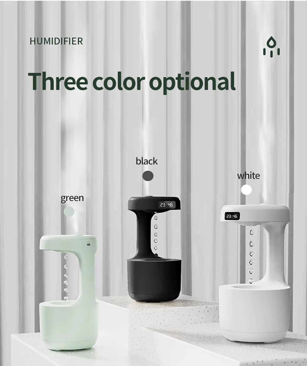 Three different colored humidifiers on a neutral background with text indicating color options.