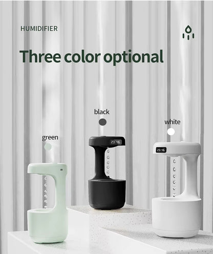 Three different colored humidifiers on a neutral background with text indicating color options.