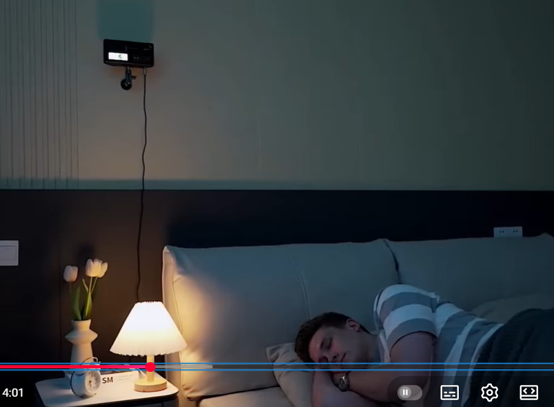 Person lying in bed with a nightstand lamp on, in a dimly lit room. Photon Matrix on guard duty.