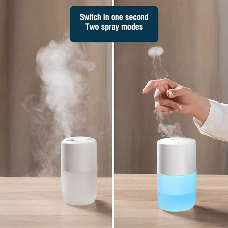 Two views of a white and blue humidifier with steam, one showing a hand switching modes.