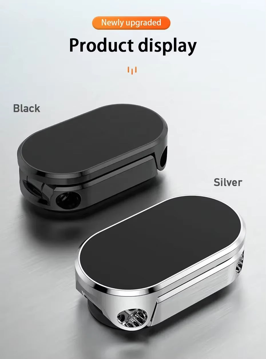 Two oval-shaped folded phone holders, one black and one silver, on a light gray background with 'Newly upgraded' text.