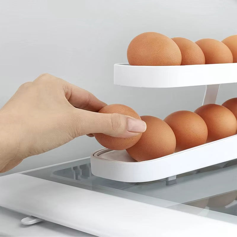 Hand selecting an egg from a white egg holder with eggs on a white background