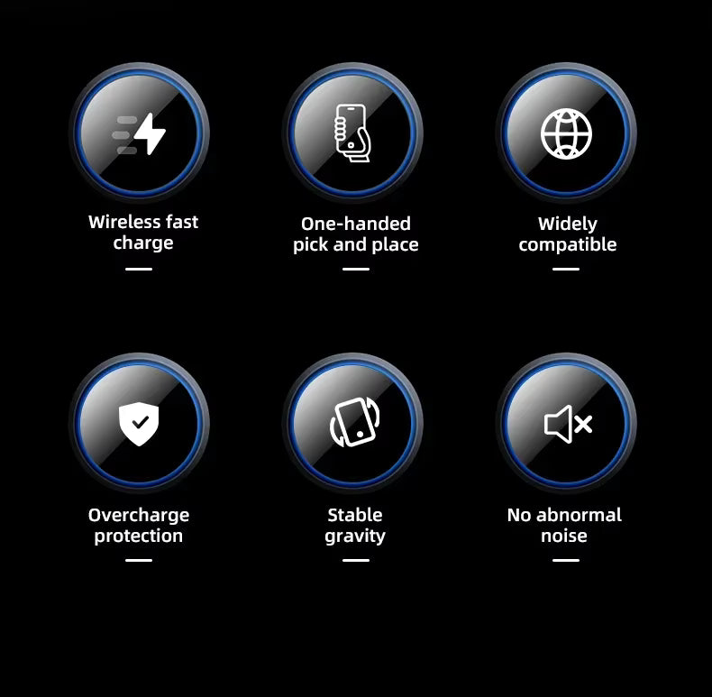 Six icons with text on a black background, each representing a feature of a product.