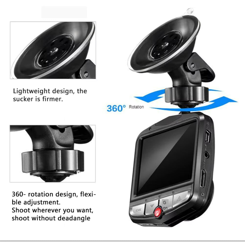 Car dashboard camera with 360-degree rotation feature on a white background