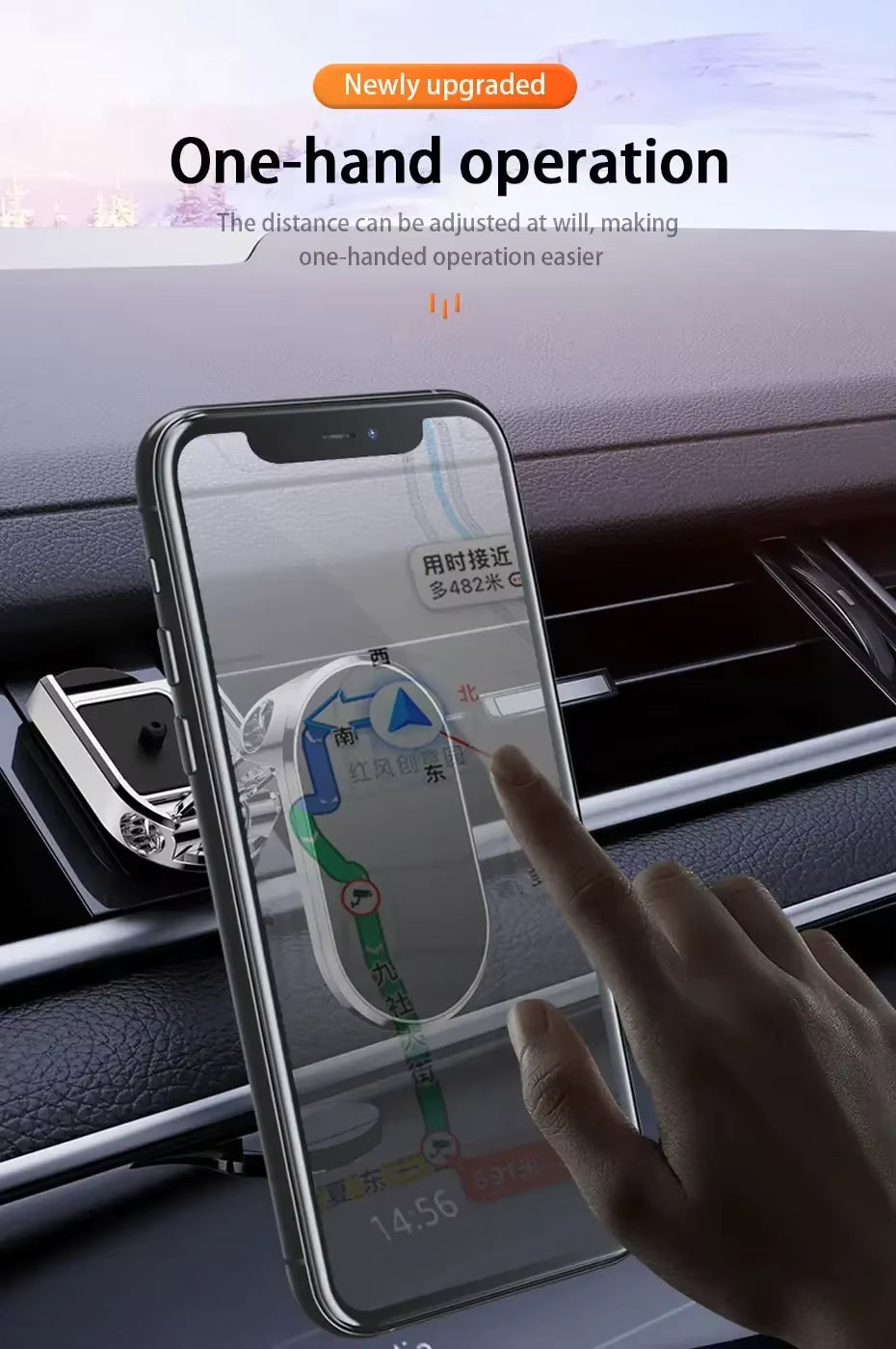 Car phone Holder with phone mounted on it and text one-hand operation